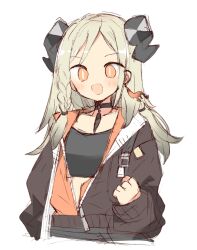 Rule 34 | 1girl, :d, arknights, black shirt, blonde hair, blush, braid, bright pupils, brown jacket, clenched hand, cropped shirt, demon girl, demon horns, horns, ifrit (arknights), jacket, long hair, long sleeves, looking at viewer, official alternate costume, open clothes, open jacket, open mouth, orange eyes, ramune (ramu33), shirt, sketch, slit pupils, smile, solo, upper body, white pupils