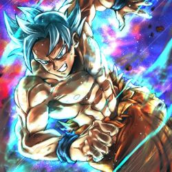 Rule 34 | 10s, 1boy, aqua eyes, aura, blue background, clenched hand, dragon ball, dragon ball super, dutch angle, fighting stance, frown, grey hair, grin, kemachiku, looking at viewer, male focus, multicolored background, nipples, purple background, red background, short hair, smile, son goku, spiked hair, topless male, torn clothes, ultra instinct, veins, wristband