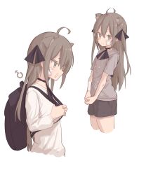 Rule 34 | 1boy, absurdres, ahoge, animal ear fluff, animal ears, backpack, bag, bandage on face, bandages, bandaid, bandaid on face, black shorts, brown eyes, brown hair, cat ears, commentary, cropped legs, grey shirt, highres, long hair, male focus, multiple views, original, own hands together, ribbon, shippitsu, shirt, shorts, simple background, trap, two side up, white background, white shirt