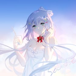 Rule 34 | 1girl, bare shoulders, blush, bow, chinese commentary, closed mouth, commentary, cup, dress, drinking glass, drinking straw, green eyes, grey bow, hair between eyes, hair bow, hair ornament, hairclip, hands up, holding, holding cup, long hair, looking at viewer, luo tianyi, red bow, sample watermark, silver hair, sleeveless, sleeveless dress, smile, solo, strap slip, translated, upper body, very long hair, vocaloid, watermark, white dress, x hair ornament, yu jiu