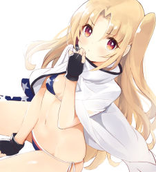 Rule 34 | 1girl, adjusting clothes, american flag bikini, azur lane, bare shoulders, between legs, bikini, black gloves, blonde hair, blue bikini, blush, breasts, cape, cleveland (azur lane), closed mouth, fingerless gloves, flag print, gloves, hand between legs, invisible chair, long hair, looking at viewer, navel, one side up, parted bangs, red eyes, ribbon, side-tie bikini bottom, simple background, sitting, skindentation, small breasts, solo, star (symbol), star print, stomach, swimsuit, tetsujin momoko, thighs, v-shaped eyebrows, very long hair, white background, white cape, white ribbon
