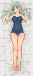 Rule 34 | 1girl, :d, aqua eyes, aqua hair, bad id, bad pixiv id, bare arms, bare legs, bare shoulders, barefoot, bed sheet, blue one-piece swimsuit, blush, breasts, closed eyes, collarbone, competition school swimsuit, covered navel, dakimakura (medium), feet, feet together, from above, full body, gluteal fold, hair ornament, hairclip, head tilt, highres, kantai collection, long hair, looking at viewer, medium breasts, nail polish, one-piece swimsuit, open mouth, osananajimi neko, pink nails, revision, school swimsuit, smile, soles, solo, suzuya (kancolle), swimsuit, toenail polish, toenails, toes, w arms