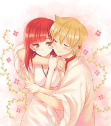 Rule 34 | 1boy, 1girl, ali baba saluja, arm around neck, arm around shoulder, between breasts, blonde hair, blush, breasts, brown eyes, couple, earrings, closed eyes, happy, hetero, holding another&#039;s wrist, hug, hug from behind, jewelry, kitiroku, magi the labyrinth of magic, medium breasts, morgiana, necklace, red eyes, red hair, rope, smile