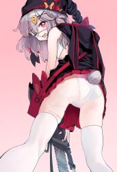 Rule 34 | 1girl, ass, braid, eyepatch, female focus, french braid, from behind, hair ornament, hat, highres, hood, kaede (shijie heping), looking back, panties, pink background, pleated skirt, rabbit tail, red eyes, red skirt, silver hair, skirt, solo, tail, thighhighs, underwear, white thighhighs, x hair ornament