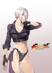 Rule 34 | abs, angel (kof), azuma kyoutarou (artist), bikini, bikini bottom only, black bikini, blue eyes, breasts, check commentary, cleavage, commentary request, cropped jacket, gloves, hair over one eye, highres, hip focus, large breasts, legs, logo, looking at viewer, midriff, official art, pants, short hair, sidelocks, snk, solo, swimsuit, the king of fighters, the king of fighters: a new beginning, the king of fighters xiv, toned