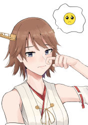 Rule 34 | 1girl, brown hair, detached sleeves, emoji, flipped hair, grey eyes, hairband, headgear, hiei (kancolle), highres, japanese clothes, kantai collection, nakano kiho, pleading face emoji, ribbon-trimmed sleeves, ribbon trim, sad, short hair, simple background, solo, speech bubble, white background