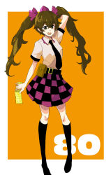 Rule 34 | 1girl, :d, belt, black belt, black necktie, black skirt, black socks, border, breasts, brown eyes, brown hair, cellphone, checkered clothes, checkered skirt, commentary request, flip phone, full body, hair ribbon, hat, highres, himekaidou hatate, holding, holding phone, jack (wkm74959), kneeling, necktie, one-hour drawing challenge, open mouth, orange background, phone, pouch, purple hat, purple ribbon, purple skirt, ribbon, shirt, short sleeves, skirt, small breasts, smile, socks, solo, tokin hat, touhou, twintails, white border, white shirt