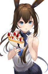 Rule 34 | 1girl, absurdres, amiya (arknights), animal ears, arknights, bare shoulders, blue eyes, brown hair, chocolate syrup, crepe, food, fruit, hands up, highres, long hair, looking at viewer, rabbit ears, rabbit girl, shirt, simple background, sleeveless, sleeveless shirt, solo, somray, strawberry, tongue, tongue out, upper body, whipped cream, white background, white shirt
