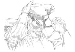 Rule 34 | 1boy, absurdres, graphite (medium), greyscale, hat, highres, holding, holding clothes, holding hat, m. bison, male focus, mature male, monochrome, muscular, muscular male, simple background, solo, street fighter, traditional media, white background, yoshihara motoki