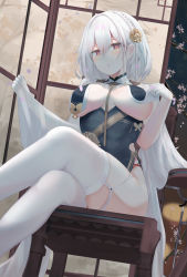 Rule 34 | 1girl, azur lane, blush, braid, breast curtains, breasts, cape, commentary request, crossed legs, flower, hair between eyes, hair flower, hair ornament, highres, large breasts, looking at viewer, on chair, parted lips, petals, red eyes, revealing clothes, rose, ru zhai, see-through, short hair, silver hair, sirius (azur lane), sirius (azure horizons) (azur lane), sitting, solo, table, thighhighs, underboob, white cape, white thighhighs, wooden chair, yellow flower, yellow rose