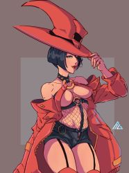 Rule 34 | 1girl, ahoge, alternate costume, astralgrave, bare shoulders, black hair, black shorts, blue eyes, bob cut, breasts, candy, choker, commentary, fishnets, food, garter straps, guilty gear, hat, highres, i-no, jacket, large breasts, lollipop, long coat, looking at viewer, midriff, mole, mole above mouth, navel, no bra, o-ring, o-ring choker, off-shoulder jacket, off shoulder, open clothes, open fly, open jacket, over-kneehighs, red hat, red jacket, redesign, revealing clothes, short hair, short shorts, shorts, solo, thighhighs, thighs, unzipped, witch hat