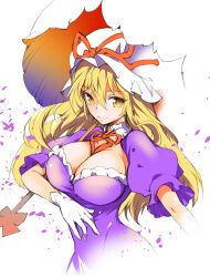 Rule 34 | 1girl, absurdres, blonde hair, breasts, cleavage, dress, frilled hat, frills, gloves, hat, hat ribbon, highres, ichizen (o tori), large breasts, long hair, looking at viewer, mob cap, one-hour drawing challenge, puffy short sleeves, puffy sleeves, purple dress, ribbon, short sleeves, smile, solo, touhou, umbrella, upper body, white background, white gloves, white hat, yakumo yukari, yellow eyes