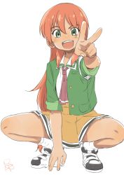 Rule 34 | 1girl, ascot, female focus, full body, green eyes, looking at viewer, open mouth, orange hair, satsuyo, shoes, simple background, skirt, sneakers, solo, squatting, v, white background
