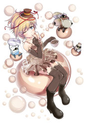 Rule 34 | 1girl, ball, black footwear, blonde hair, blue eyes, boots, bubble, cup, drinking straw, elbow gloves, full body, gloves, hat, hi-ho-, high heels, highres, knee boots, looking at viewer, mini hat, mini top hat, one eye closed, shoes, simple background, sitting, skirt, solo, thighhighs, top hat, white background, wink, yukico-tan, yukijirushi