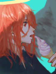 Rule 34 | 1boy, absurdres, angel devil (chainsaw man), angel wings, black jacket, black necktie, blue background, bonjindaaa, chainsaw man, collared shirt, food, formal, halo, highres, holding food, holding ice cream, ice cream, ice cream cone, jacket, long hair, looking at object, messy hair, necktie, open mouth, red eyes, red hair, shirt, simple background, solo, suit, white shirt, wings