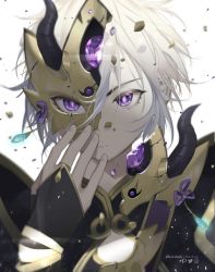 Rule 34 | 1boy, armor, bad id, bad pixiv id, bishounen, broken, broken mask, commentary request, fate/grand order, fate (series), fingerless gloves, gem, gloves, hair between eyes, horned mask, looking at viewer, male focus, mask, parted lips, portrait, prince of lan ling (fate), purple eyes, reichiou, shatter, short hair, silver hair, simple background, solo, white background