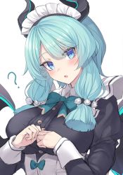 Rule 34 | 1girl, :o, ?, absurdres, aqua hair, blue eyes, bow, bowtie, breasts, commentary, eyes visible through hair, highres, horns, jingo, juliet sleeves, large breasts, long sleeves, looking at viewer, maid, maid headdress, puffy sleeves, satarina-ke no meido-san, satarina-san, simple background, solo, underbust, upper body, vrchat, white background