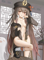 Rule 34 | 1girl, absurdres, artist request, bare shoulders, blush, boo tao (genshin impact), breasts, brown hair, fang, flower, full body, genshin impact, ghost, highres, hirith, hu tao (genshin impact), long hair, long sleeves, looking at viewer, medium breasts, navel, no bra, no panties, off shoulder, open clothes, open mouth, red eyes, smile, solo, stomach, twintails, undressing, very long hair