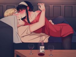 Rule 34 | 1boy, 1girl, alcohol, bare shoulders, black hair, blonde hair, blue eyes, blush, botchinako, couch, cup, drinking glass, drunk, girl on top, hair bun, hairband, hand on another&#039;s face, hetero, highres, husband and wife, jewelry, kiss, long hair, long sleeves, off-shoulder sweater, off shoulder, ring, shirt, short sleeves, sidelocks, single hair bun, spy x family, sweatdrop, sweater, t-shirt, twilight (spy x family), wine, wine glass, yor briar