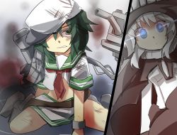Rule 34 | 10s, 2girls, abyssal ship, blue eyes, cannon, check commentary, commentary request, gaoo (frpjx283), glowing, glowing eyes, green eyes, green hair, grey hair, hat, highres, kantai collection, kiso (kancolle), multiple girls, navel, neckerchief, short hair, skirt, wo-class aircraft carrier, wrist cuffs