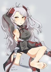 Rule 34 | 1girl, arm behind head, armpits, arms up, azur lane, barefoot, blush, feet, highres, crossed legs, long hair, parted lips, prinz eugen (azur lane), s k (shiro karasu), shoes, unworn shoes, silver hair, sitting, smell, soles, steam, sweat, toes, twintails
