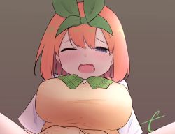Rule 34 | 1girl, blue eyes, blush, bow, breasts, brown background, commentary request, eyebrows hidden by hair, go-toubun no hanayome, green bow, green ribbon, hair between eyes, hair ribbon, half-closed eye, heart, heart-shaped pupils, kujou karasuma, large breasts, nakano yotsuba, one eye closed, open mouth, out-of-frame censoring, ribbon, shirt, short sleeves, simple background, solo, sweater vest, symbol-shaped pupils, wavy mouth, white shirt