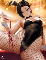 Rule 34 | 1girl, alcohol, animal ears, black hair, black hairband, black leotard, black pantyhose, bow, bowtie, breasts, brown eyes, cleavage, closed mouth, cup, detached collar, drinking glass, earrings, fake animal ears, fishnets, hairband, highleg, highleg leotard, highres, infinote, jewelry, leotard, long hair, looking at viewer, medium breasts, original, pantyhose, playboy bunny, rabbit ears, smile, solo, spilling, thighs, wine, wine glass, yashiki yuuko (infinote)