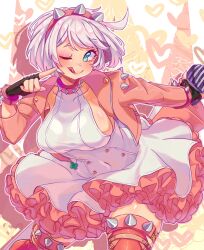 Rule 34 | 1girl, :p, absurdres, ahoge, aqua eyes, black gloves, blush, boots, bracelet, breasts, clover, collar, dress, elphelt valentine, fingerless gloves, four-leaf clover, frilled dress, frills, gloves, guilty gear, guilty gear strive, hairband, highres, holding, holding microphone, huge ahoge, jacket, jewelry, large breasts, looking at viewer, microphone, one eye closed, pink dress, pink footwear, pink hairband, pink jacket, short hair, sideboob, smile, spiked bracelet, spiked collar, spiked hairband, spikes, supacreamss, thigh boots, tongue, tongue out, two-tone dress, white dress, white hair