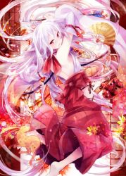 Rule 34 | 1girl, armpits, arrow (projectile), autumn leaves, backless outfit, barefoot, bow (weapon), rabbit, detached sleeves, hand fan, ibara riato, japanese clothes, long hair, long sleeves, mask, miko, oni mask, open mouth, original, red eyes, shirt, silver hair, skirt, solo, weapon