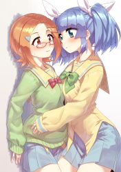 Rule 34 | 2girls, blue eyes, blue hair, blue skirt, blush, bow, brown eyes, brown hair, commentary request, commission, eye contact, glasses, green bow, green sweater, hair ornament, hair ribbon, hairclip, highres, long sleeves, looking at another, mizunashi (second run), multiple girls, pani poni dash!, parted bangs, parted lips, pixiv commission, pleated skirt, red-framed eyewear, red bow, ribbon, shirt, skirt, sleeves past wrists, suzuki sayaka, sweat, sweater, twintails, uehara miyako, white ribbon, yellow shirt, yuri