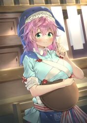 Rule 34 | 1girl, absurdres, ajoe (hakuha k), animal hat, apron, blue apron, blue hat, blush, breasts, closed mouth, collared shirt, cowboy shot, cross-laced clothes, green eyes, hair between eyes, hand up, hat, highres, holding, holding tray, large breasts, looking at viewer, okunoda miyoi, pink hair, pointing, shirt, short hair, short sleeves, smile, solo, touhou, tray, waist apron, whale hat