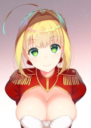 Rule 34 | 10s, 1girl, ahoge, asahina hikage, blonde hair, braid, breasts, cleavage, epaulettes, fate/extra, fate (series), gradient background, green eyes, hair intakes, large breasts, looking at viewer, nero claudius (fate), nero claudius (fate) (all), nero claudius (fate/extra), skindentation, smile, solo, upper body