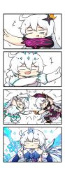 Rule 34 | 2girls, 4koma, :&gt;, = =, blue dress, comic, diaoxian kuangmo, dress, elbow gloves, fusion dance, gloves, highres, honkai (series), honkai impact 3rd, kiana kaslana, kiana kaslana (divine prayer), kiana kaslana (herrscher of the void), laughing, long hair, multiple girls, open mouth, very long hair, white background, white dress, white hair