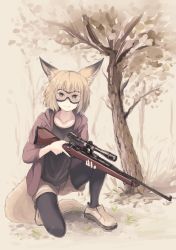 Rule 34 | 1girl, animal ears, batta (kanzume quality), black pantyhose, blonde hair, closed mouth, commentary request, day, fox ears, fox girl, fox tail, goggles, grass, grey eyes, gun, holding, holding gun, holding weapon, hood, hoodie, long sleeves, looking at viewer, on one knee, original, outdoors, pantyhose, purple hoodie, rifle, scope, shirt, shoes, shorts, smile, sniper rifle, solo, tail, tree, trigger discipline, weapon, white shirt, yellow shorts