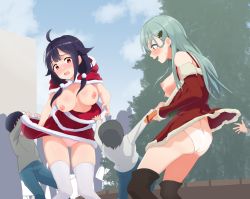 Rule 34 | 2girls, ahoge, black thighhighs, blush, box, breasts, christmas tree, clothes lift, clothes pull, cloud, cloudy sky, crowd, dress, dress lift, dress pull, embarrassed, exhibitionism, feet out of frame, female focus, fur trim, gift, gift box, gluteal fold, green eyes, green hair, hair ornament, highres, humiliation, kantai collection, lifting another&#039;s clothes, long hair, medium breasts, multiple girls, nipples, outdoors, panties, pink panties, pom pom (clothes), public indecency, pulling another&#039;s clothes, red eyes, santa costume, santa dress, sarura, sky, standing, star (symbol), suzuya (kancolle), taigei (kancolle), textless version, thighhighs, thighs, tree, underwear, white panties, white thighhighs