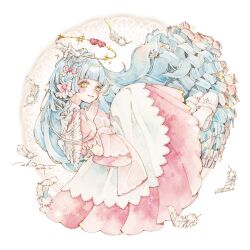 Rule 34 | 1girl, angel, angel wings, apron, blue hair, blunt bangs, blush, bow, braid, curly hair, dress, falling feathers, feathered wings, feathers, frills, full body, hair bow, halo, heart, highres, jinbeeezame, long hair, looking at viewer, multiple hair bows, original, own hands together, painting (medium), parted lips, pink bow, pink dress, puffy short sleeves, puffy sleeves, round image, short sleeves, signature, slippers, smile, solo, traditional media, very long hair, watercolor (medium), white background, white footwear, white wings, wings, yellow eyes