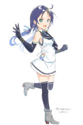 Rule 34 | 1girl, black gloves, black neckwear, black sailor collar, black thighhighs, blue hair, dated, elbow gloves, gloves, gradient hair, green eyes, kangoku kou, kantai collection, long hair, looking at viewer, low twintails, multicolored hair, ribbon, sailor collar, school uniform, serafuku, simple background, sleeveless, solo, standing, standing on one leg, suzukaze (kancolle), thighhighs, twintails, twitter username, waving, white background