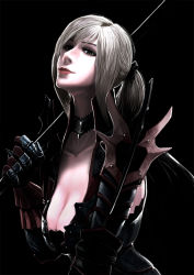 Rule 34 | 10s, 1girl, aranea highwind, armor, breasts, cleavage, cleavage cutout, clothing cutout, final fantasy, final fantasy xv, gauntlets, grey eyes, grey hair, higa-tsubasa, holding, holding weapon, large breasts, long hair, simple background, smile, solo, weapon
