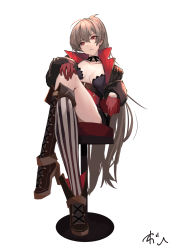 Rule 34 | 1girl, ahoge, artist name, azur lane, black jacket, blonde hair, boots, breasts, breasts apart, brown footwear, cleavage, closed mouth, collarbone, crossed legs, frown, gloves, hand on knees, head tilt, highres, jacket, jean bart (azur lane), long hair, long legs, looking at viewer, medium breasts, on stool, open clothes, open jacket, oregano (olgn eao), pink eyes, ponytail, red gloves, signature, simple background, single thigh boot, single thighhigh, sitting, solo, stool, striped clothes, striped thighhighs, thigh boots, thighhighs, thighs, vertical-striped clothes, vertical-striped thighhighs, very long hair, white background