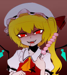Rule 34 | 1girl, blonde hair, blood, castration, evil smile, fangs, flandre scarlet, hat, hat ribbon, looking at viewer, mob cap, open mouth, puffy short sleeves, puffy sleeves, red eyes, ribbon, severed testicles, short sleeves, side ponytail, smile, solo, spacezin, testicles, touhou