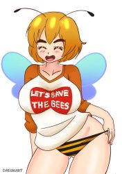Rule 34 | 1girl, antennae, arthropod girl, bee girl, bee wings, black panties, blonde hair, blush, breasts, closed eyes, clothes writing, collarbone, dakunart, highres, insect girl, insect wings, large breasts, long sleeves, mely, open mouth, panties, panty pull, parody, shirt, short hair, smile, standing, striped clothes, striped panties, sugoi dekai, underwear, uzaki-chan wa asobitai!, white background, white shirt, wings, yellow panties, yellow shirt