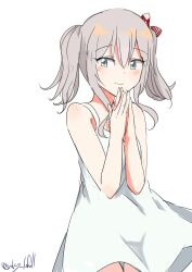Rule 34 | 1girl, absurdres, alternate costume, dress, grey eyes, grey hair, highres, kantai collection, kashima (kancolle), long hair, looking at viewer, one-hour drawing challenge, own hands together, robinson (day l full), sidelocks, simple background, smile, solo, sundress, twintails, twitter username, wavy hair, white background, white dress