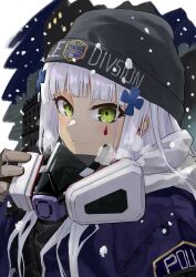 Rule 34 | 1girl, absurdres, black hat, blue hair, blue jacket, closed mouth, gas mask, girls&#039; frontline, gloves, green eyes, hair ornament, hairpin, hat, highres, hk416 (girls&#039; frontline), jacket, jazz (fuukan), knit hat, light blue hair, long hair, looking at viewer, mask, outdoors, smile, snowing, solo