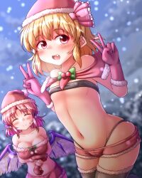 Rule 34 | 2girls, animal ears, bird ears, bird wings, black thighhighs, blonde hair, blush, breasts, closed eyes, closed mouth, collarbone, double v, earrings, flat chest, gloves, hair between eyes, hat, highres, jewelry, large breasts, multiple girls, mystia lorelei, navel, open mouth, pink hair, pom pom (clothes), red eyes, red gloves, red headwear, rumia, santa costume, santa hat, short hair, single earring, smile, thighhighs, touhou, v, white wings, wings, yoriyuki chiyo