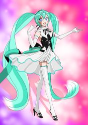 Rule 34 | 1girl, absurdly long hair, absurdres, aqua eyes, aqua hair, artist name, artist request, back bow, back ribbon, bare shoulders, beamed eighth notes, black bow, black footwear, black hairband, black high heels, black ribbon, blue eyes, blue hair, blue ribbon, bow, bowtie, collar, collared dress, crossed legs, dress, eighth note, elbow gloves, female focus, floating hair, footwear bow, frilled collar, frills, full body, gloves, green eyes, green hair, hair between eyes, hair ribbon, hairband, hatsune miku, high heels, highres, long hair, looking at viewer, miku symphony (vocaloid), musical note, neck ribbon, outstretched arms, pink ribbon, pleated dress, pleated skirt, quarter note, ribbon, shoes, short dress, shoulder tattoo, skirt, sleeveless, sleeveless dress, smile, solo, sugiremi, tattoo, thighhighs, twintails, very long hair, vocaloid, white dress, white gloves, white skirt, white thighhighs, zettai ryouiki