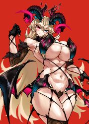 Rule 34 | 1girl, abs, absurdres, black gloves, blonde hair, blue eyes, blush, breasts, casul, claws, cleavage, demon girl, demon horns, demon wings, barghest (fate), fate/grand order, fate (series), gloves, heterochromia, highres, horns, large breasts, long hair, looking at viewer, muscular, muscular female, navel, red background, red eyes, simple background, solo, stomach, thighhighs, very long hair, wings