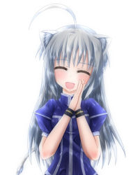 Rule 34 | 10s, 1girl, ahoge, animal ears, cat ears, cat girl, cat tail, dog days, closed eyes, female focus, image sample, leonmitchelli galette des rois, long hair, open mouth, pikeru (artist), pixiv sample, resized, smile, solo, tail, white background, white hair