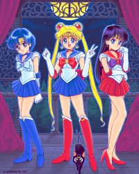 Rule 34 | 1990s (style), 3girls, arms behind back, artist name, back bow, bare legs, bishoujo senshi sailor moon, bishoujo senshi sailor moon (first season), black hair, blonde hair, blue choker, blue eyes, blue footwear, blue hair, blue sailor collar, blue skirt, boots, bow, cat, choker, curtains, dithering, double bun, earrings, elbow gloves, gloves, goto p, hair bun, head rest, hino rei, inner senshi, jewelry, knee boots, long hair, luna (sailor moon), magical girl, mizuno ami, multiple girls, night, night sky, open mouth, pc-98 (style), pc98, pixel art, pleated skirt, red bow, red choker, red sailor collar, red skirt, retro artstyle, sailor collar, sailor mars, sailor mercury, sailor moon, sailor senshi, sailor senshi uniform, short hair, signature, single hair bun, skirt, sky, star (sky), starry sky, tiara, tree, tsukino usagi, twintails, v, very long hair, white gloves