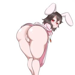 Rule 34 | absurdres, ass, bent over, brown hair, carrot necklace, dress, highres, inaba tewi, looking at viewer, looking back, necklace, no panties, pink dress, pussy, pussy peek, rabbit, rabbit ears, rabbit tail, red eyes, simple background, smug, teats, touhou, white background