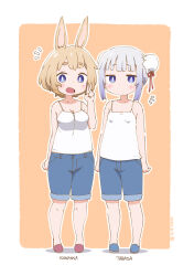 Rule 34 | 2girls, animal ears, black camisole, blonde hair, blue eyes, blue footwear, blue shorts, blush, border, breasts, camisole, character name, closed mouth, commentary request, dated, denim, denim shorts, double bun, expressionless, hair bun, highres, medium breasts, multiple girls, open mouth, orange background, original, outline, outside border, petite, rabbit ears, rabbit girl, red footwear, samansa (samansa ex), samansa ex, shirt, shorts, siblings, signature, sisters, sleeveless, small breasts, spaghetti strap, standing, tabasa (samansa ex), v, white border, white outline, white shirt